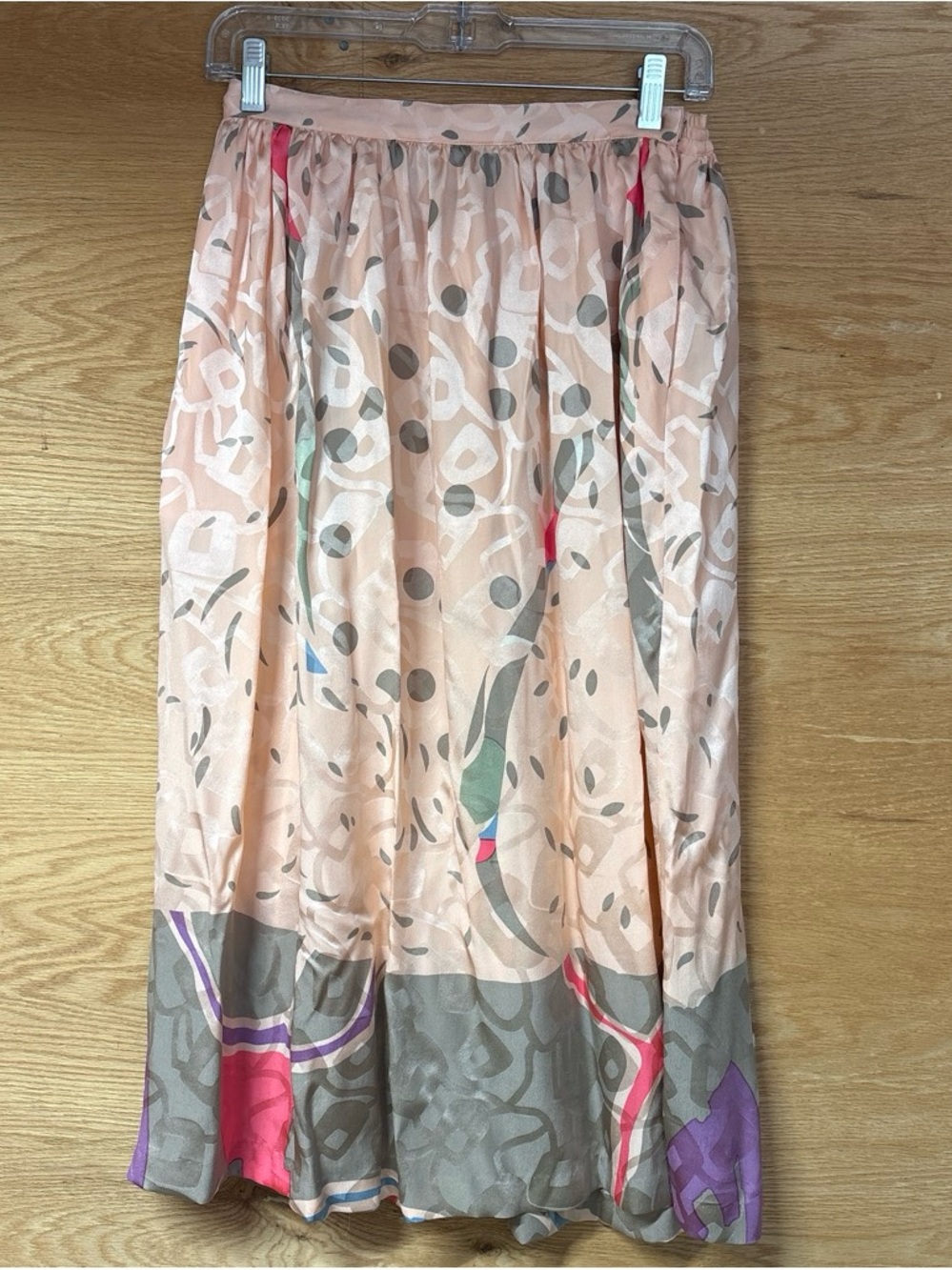 UMI Collections by Anne Crimmins Peach Print Midi Silk Skirt with Taupe Hem